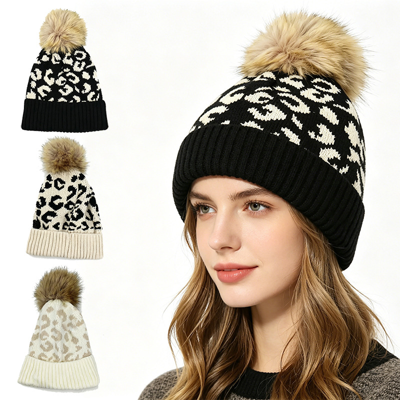 Autumn and winter leopard prin - Beanie Cuffed Knit recension och pris